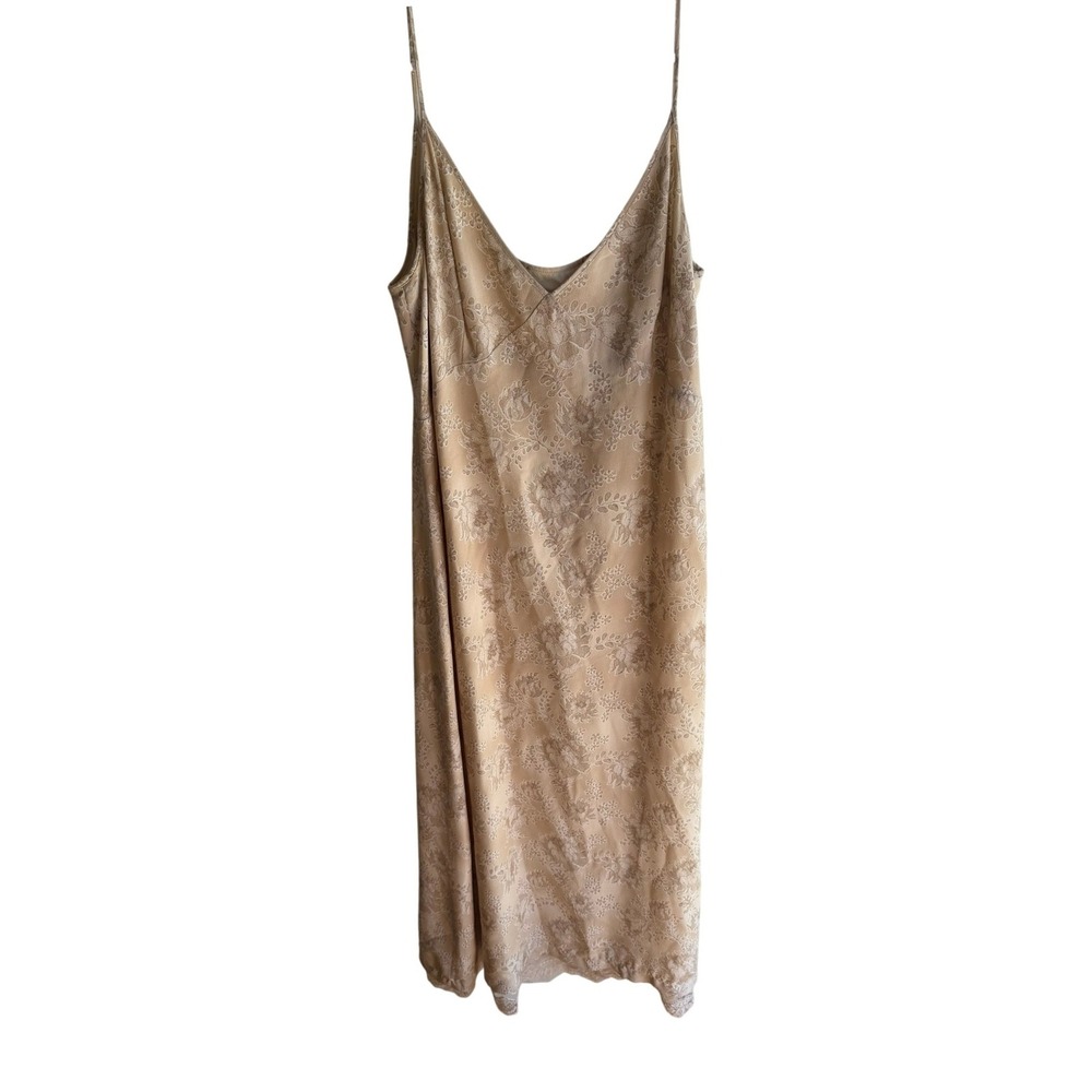 Vintage 1980's Escada 100% Silk Floral Jacquard Maxi Slip Dress Beige Lace Trim
